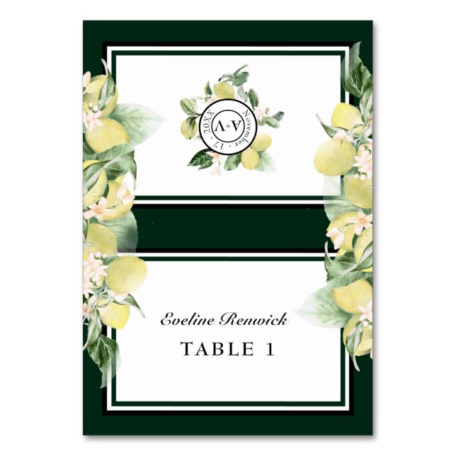 Lemon Border Green Wedding Foldable Place Card (Front)