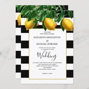 Lemon Botanical Black White Stripe Wedding Invitation