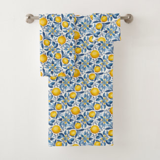 Lemon Botanical Blue and Yellow Summer Print Bath Towel Set