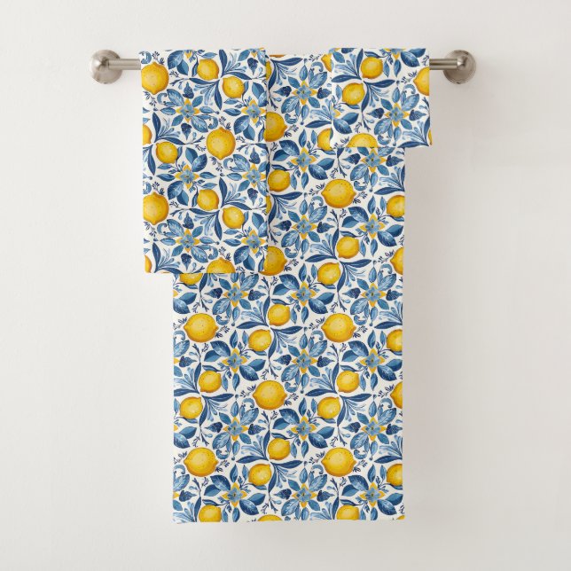 Lemon Botanical Blue and Yellow Summer Print Bath Towel Set (Insitu)