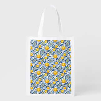 Lemon Botanical Blue and Yellow Summer Print Grocery Bag