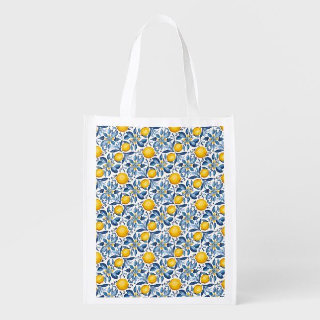Lemon Botanical Blue and Yellow Summer Print Grocery Bag (Front)