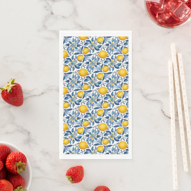 Lemon Botanical Blue and Yellow Summer Print Paper Guest Towels (Insitu)