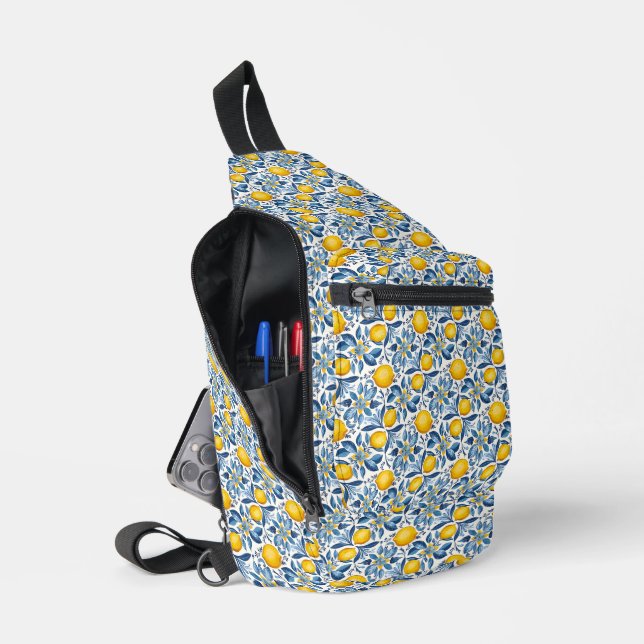 Lemon Botanical Blue and Yellow Summer Print Sling Bag (Open)
