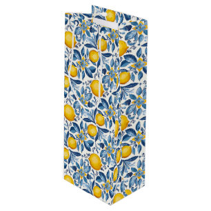 Lemon Botanical Blue and Yellow Summer Print Wine Gift Bag