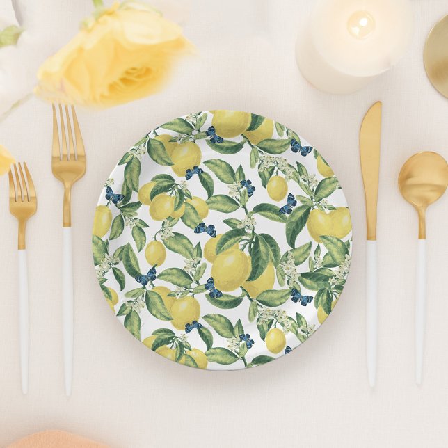 Lemon Botanical Blue Butterflies Paper Plates (Creator Uploaded)