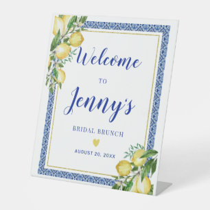 Lemon Botanical Blue Tile Bridal Brunch Welcome Pedestal Sign