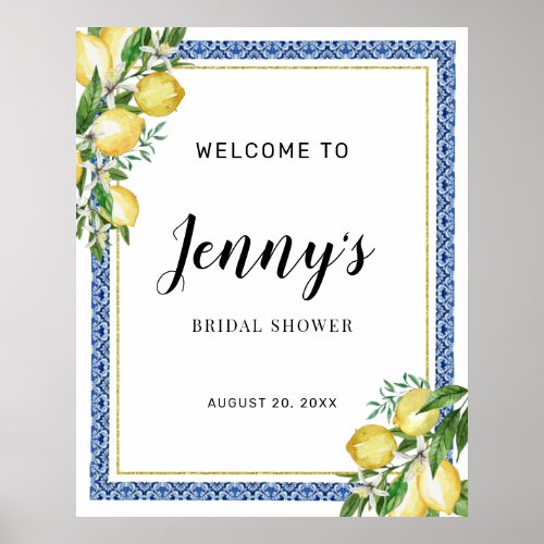 Lemon Botanical Blue Tile Bridal Shower Welcome Poster