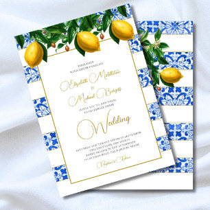 Lemon Botanical Blue Tile Stripe Wedding Invitation