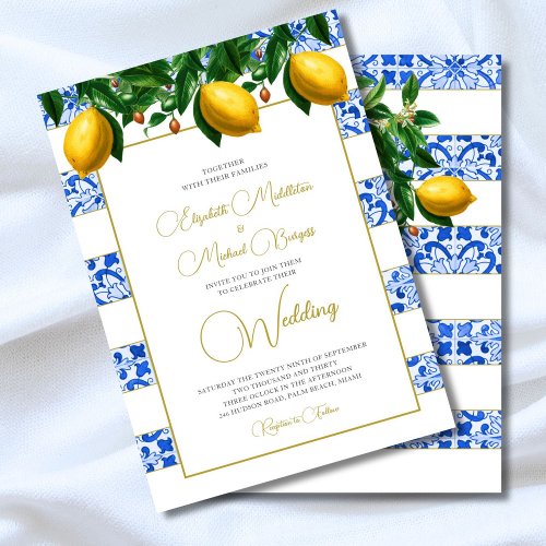Lemon Botanical Blue Tile Stripe  Wedding  Invitation