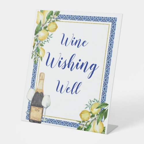 Lemon Botanical Blue Tile Wine Wishing Well Pedestal Sign