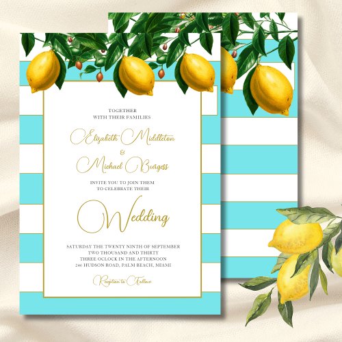 Lemon Botanical Blue White Stripe  Wedding  Invitation
