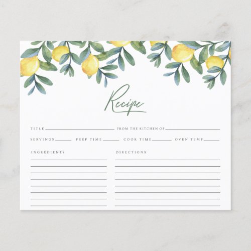 Lemon Botanical Bridal Shower Recipe Card