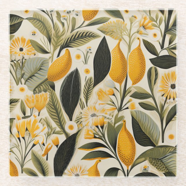 Lemon Botanical Grove Glass Coaster (Front)
