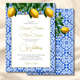 Lemon Botanical Italian Blue Tile Wedding Invitation