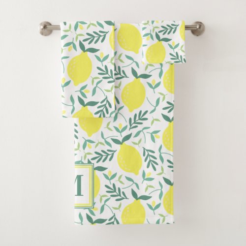 Lemon botanical monogram pattern bath towel set