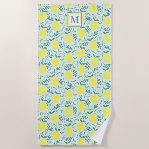 Lemon botanical monogram pattern beach towel