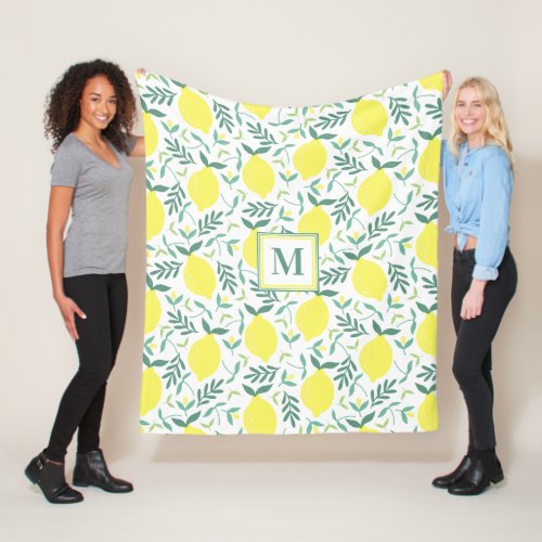Lemon botanical monogram pattern fleece blanket