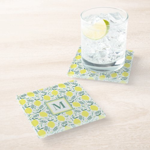 Lemon botanical monogram pattern glass coaster