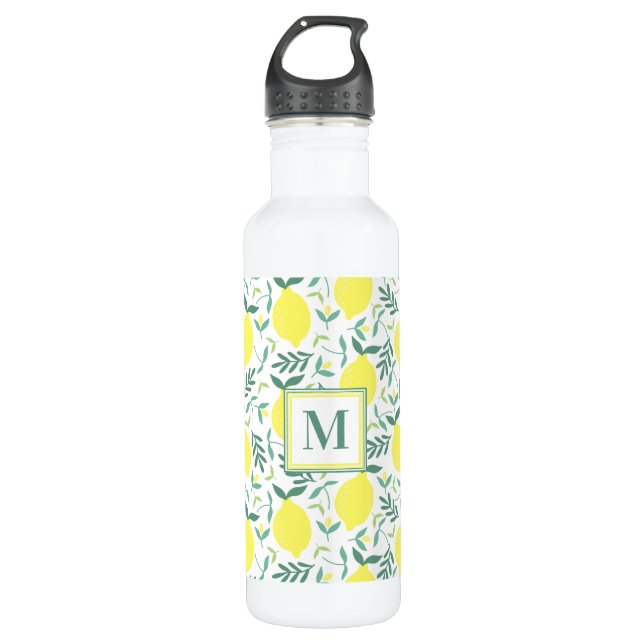 Lemon botanical monogram pattern stainless steel water bottle (Front)