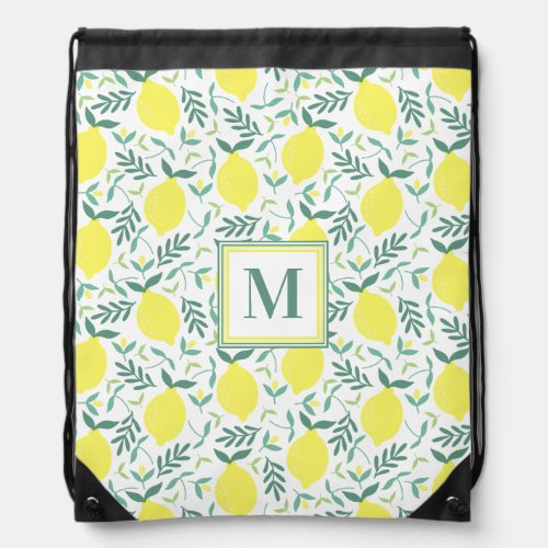 Lemon botanical monogram print drawstring bag