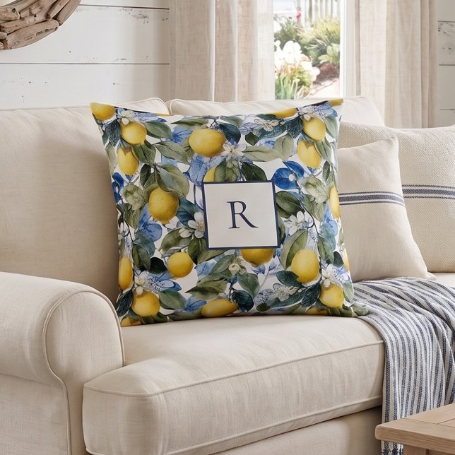Lemon Botanical Monogram  Throw Pillow (Creator Uploaded)