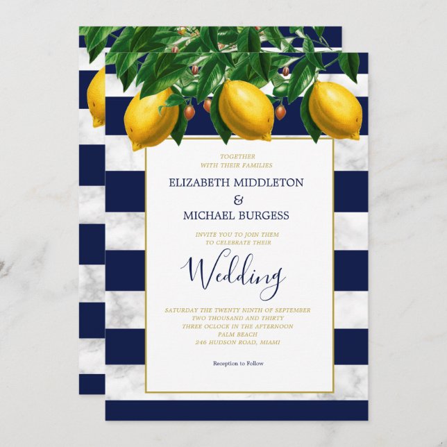 Lemon Botanical Navy White Stripe  Marble Wedding Invitation (Front/Back)