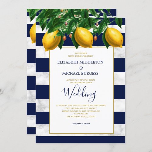 Lemon Botanical Navy White Stripe  Marble Wedding Invitation