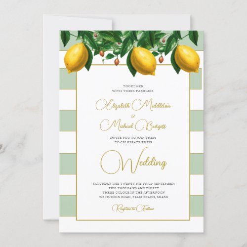 Lemon Botanical Sage Green White Stripe  Wedding  Invitation