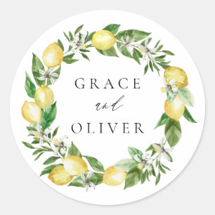 Lemon Botanical Wreath with Greenery Wedding Classic Round Sticker