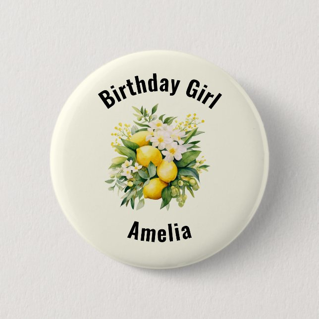 Lemon Bouquet with White Blossoms Birthday Girl Button (Front)