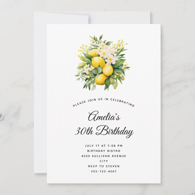Lemon Bouquet with White Blossoms Birthday Invitation (Front)
