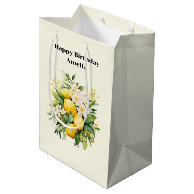 Lemon Bouquet with White Blossoms Birthday Medium Gift Bag (Back Angled)