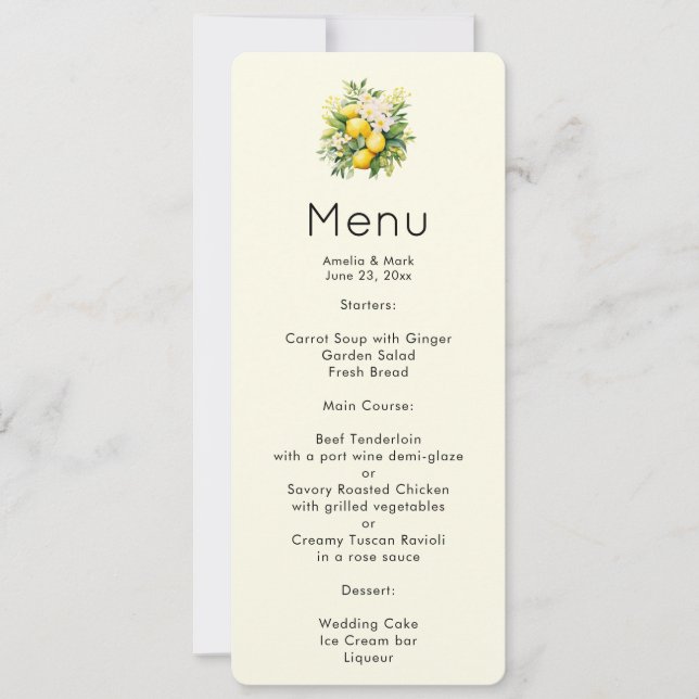 Lemon Bouquet with White Blossoms Menu Invitation (Front)