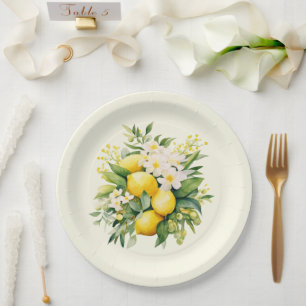 Lemon Bouquet with White Blossoms Paper Plates