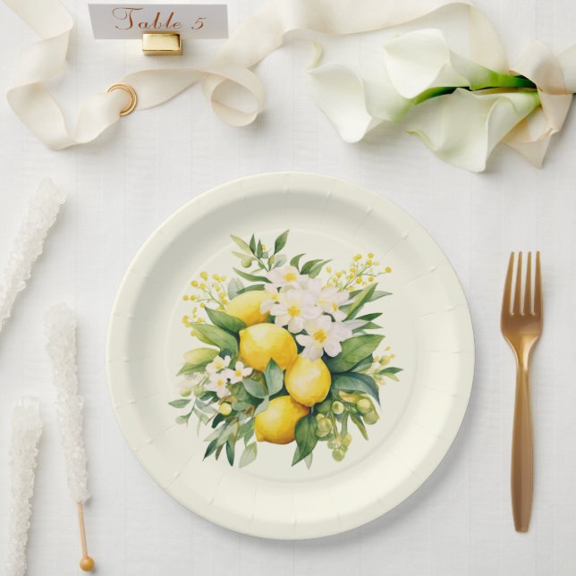 Lemon Bouquet with White Blossoms Paper Plates (Wedding)