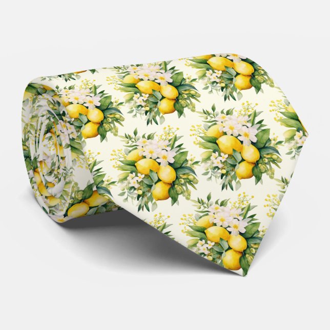 Lemon Bouquet with White Blossoms Pattern Neck Tie (Rolled)
