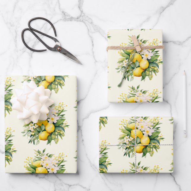 Lemon Bouquet with White Blossoms Pattern Wrapping Paper Sheets (Front)
