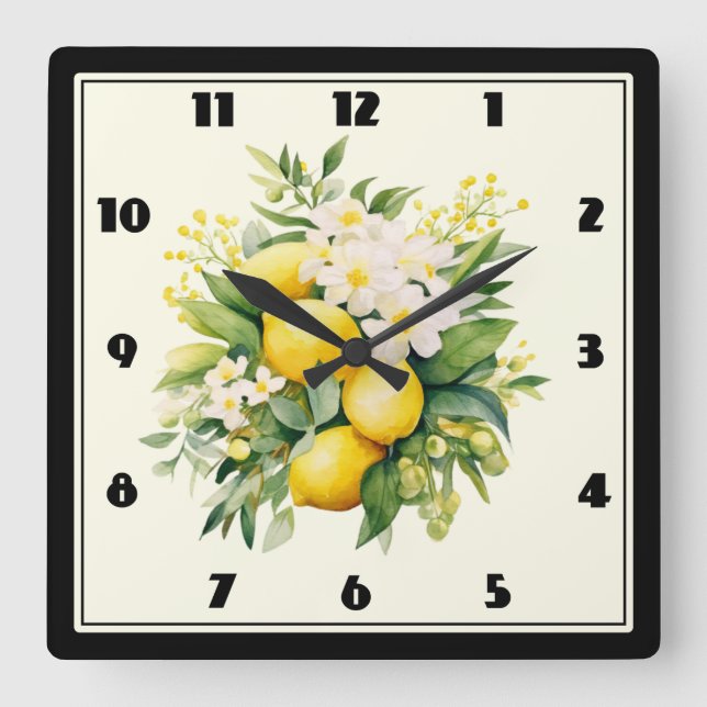 Lemon Bouquet with White Blossoms Square Wall Clock (Front)