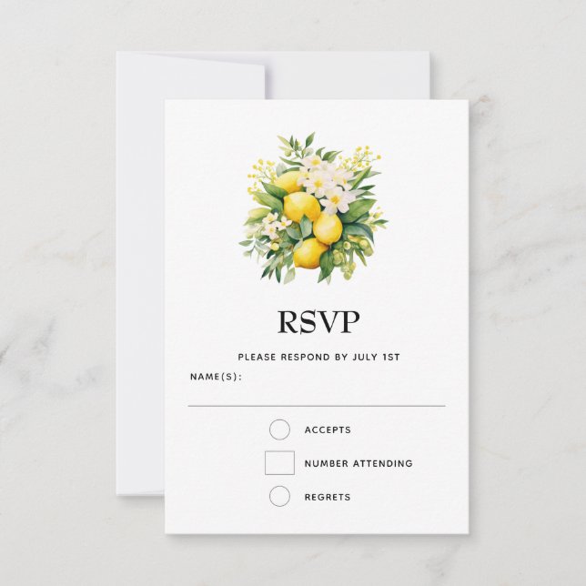 Lemon Bouquet with White Blossoms Wedding RSVP Card (Front)
