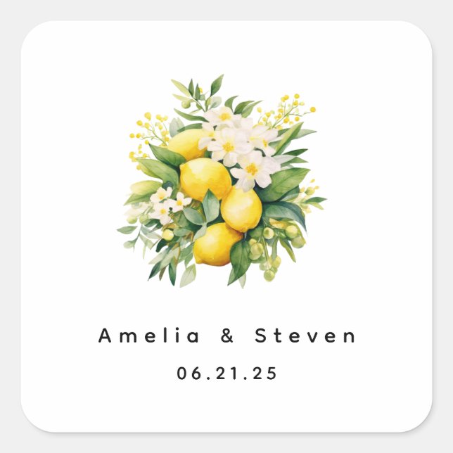 Lemon Bouquet with White Blossoms - Wedding Square Sticker (Front)