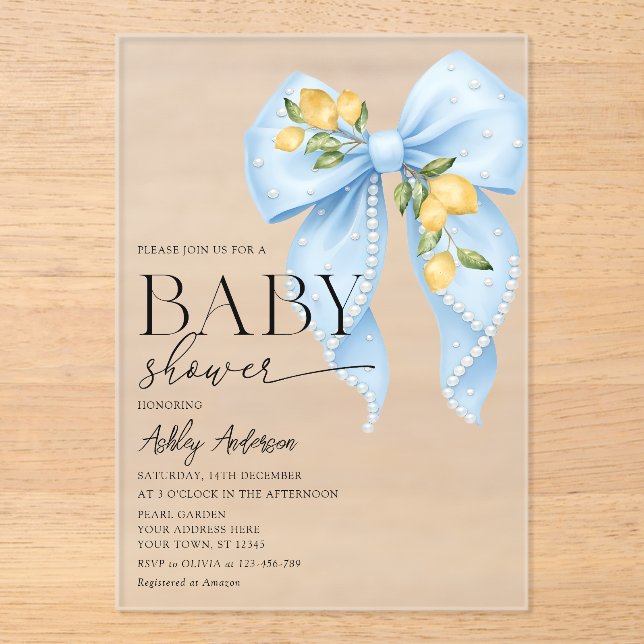 Lemon Bow Pearl Baby Shower Acrylic Invitations (Front)