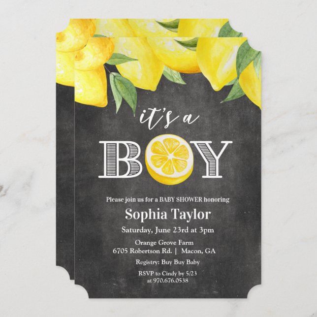 Lemon Boy Chalkboard Baby Shower Invitation (Front/Back)