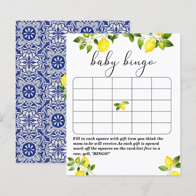 Lemon branch and blue mosaic baby shower bingo gam (Front/Back)