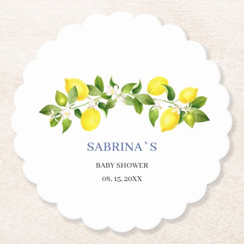 Lemon branch and blue mosaic baby shower Paper Coa Paper Coaster