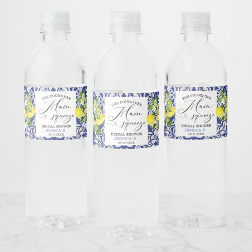 Lemon branch and blue mosaic bridal shower Water B Water Bottle Label