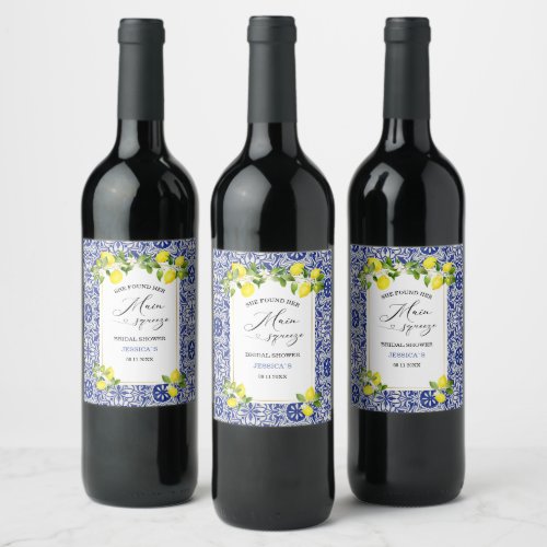 Lemon branch and blue mosaic bridal shower Water B Wine Label