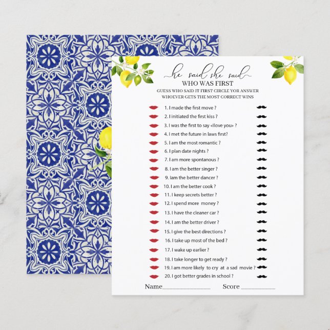 Lemon branch and blue mosaic He said she said game (Front/Back)