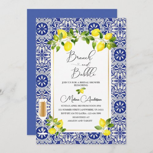 Lemon branch and blue mosaic watercolor branch and invitation