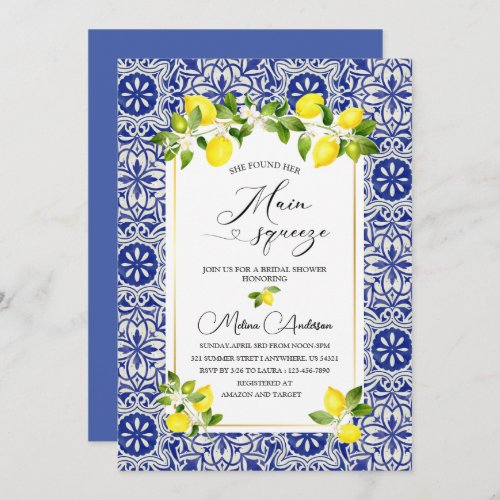 Lemon branch and blue mosaic watercolor bridal sho invitation